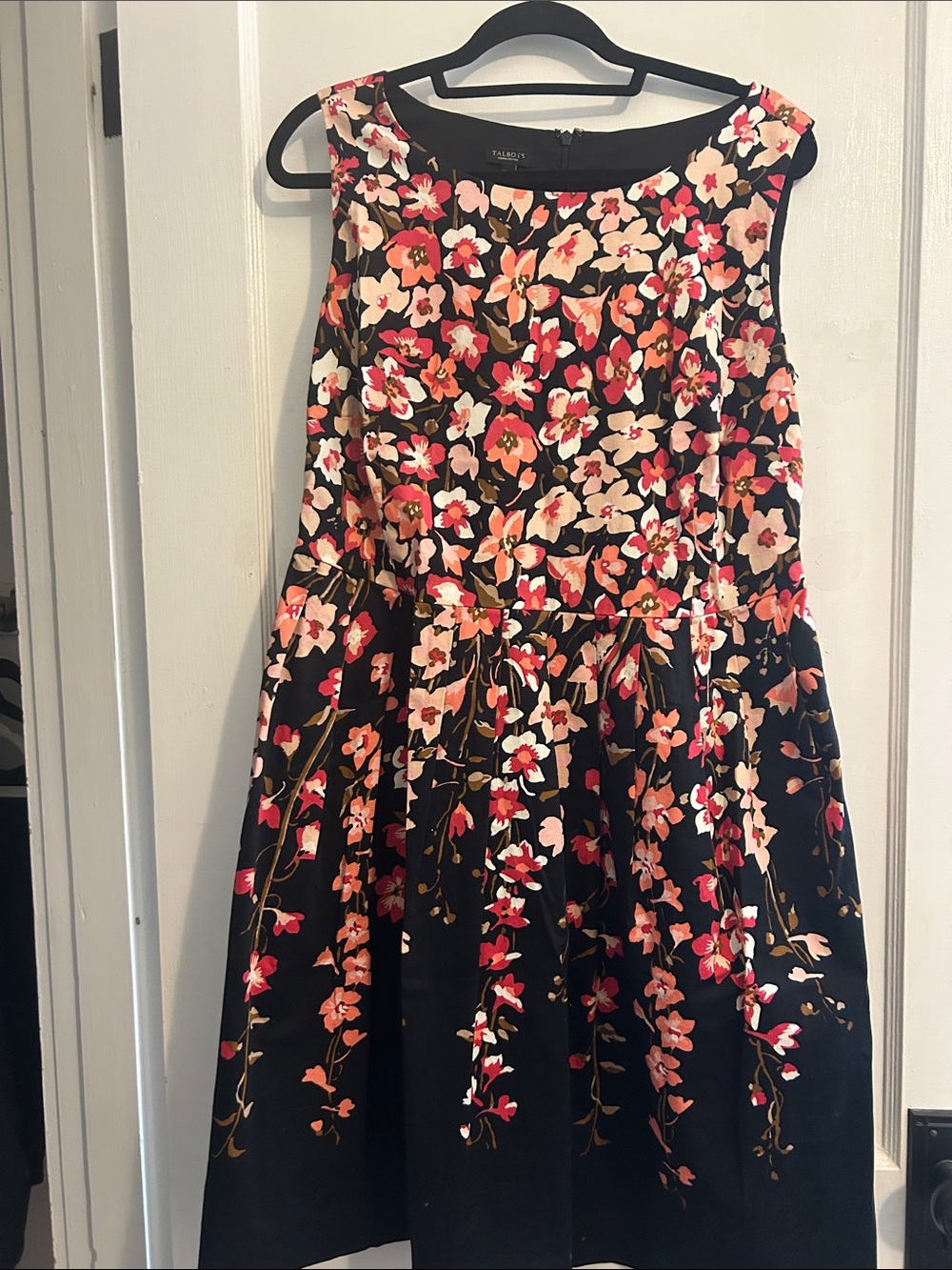 Talbots Black Floral Fit-and-Flare Dress with Pink & Cream Blooms